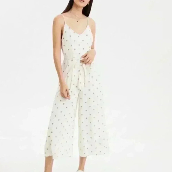 NWT American Eagle Cream & Brown Polk Dot Breezy Vacay Summer Jumpsuit Wide Leg - Picture 1 of 7